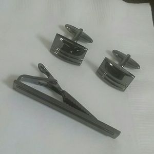 Gunmetal cuff links and tie clip